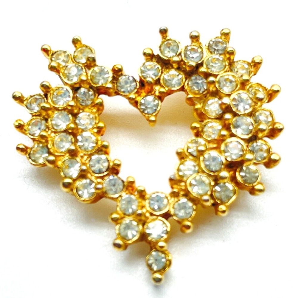 Vintage Gold Tone Clear Rhinestone Open Heart Pendant Romantic Statement